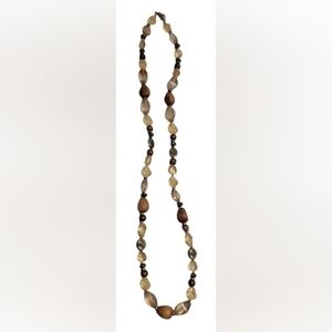 Napier Brown and Cream Glass, Wooden and Metal Beaded Necklace Opera Length